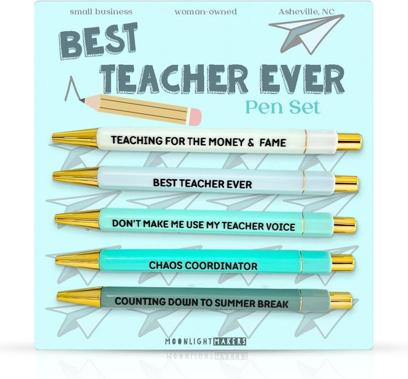 Moonlight Makers Funny Pens — Cute Pens for Teachers, Snarky Black Ink Ballpoint with Sayings, Fine Point Office Desk Accessories for Women and Coworkers Gift Ideas, Set of 5, Best Teacher Ever - Image 1